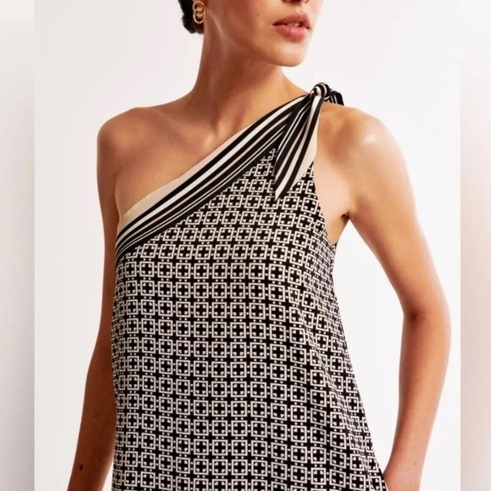 Abercrombie Fitch Geometric One Shoulder Maxi Dress Tie Detail Lined Size XSP
